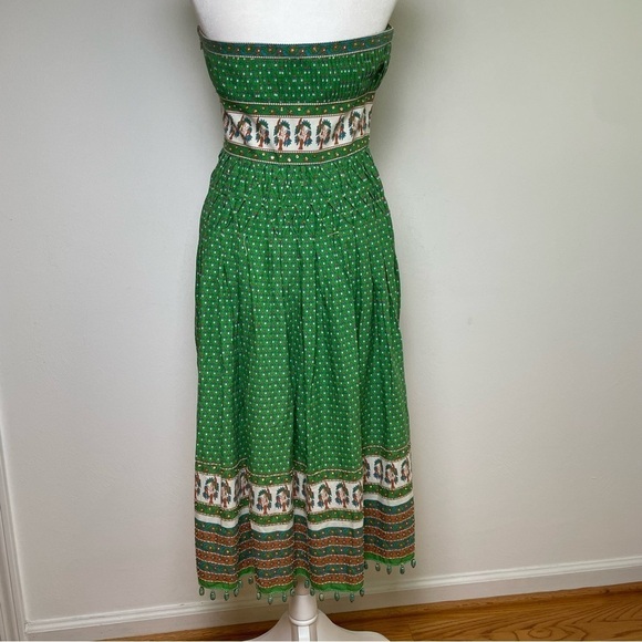 Vintage Bohemian Printed Floral Fit and Flare Strapless Cotton Dress Sequins - Picture 7 of 16